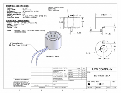 EM150-24-121-A - Round Electromagnet 1.5 inch Dia. 24 volts DC - Holding 66 lbs. image 1