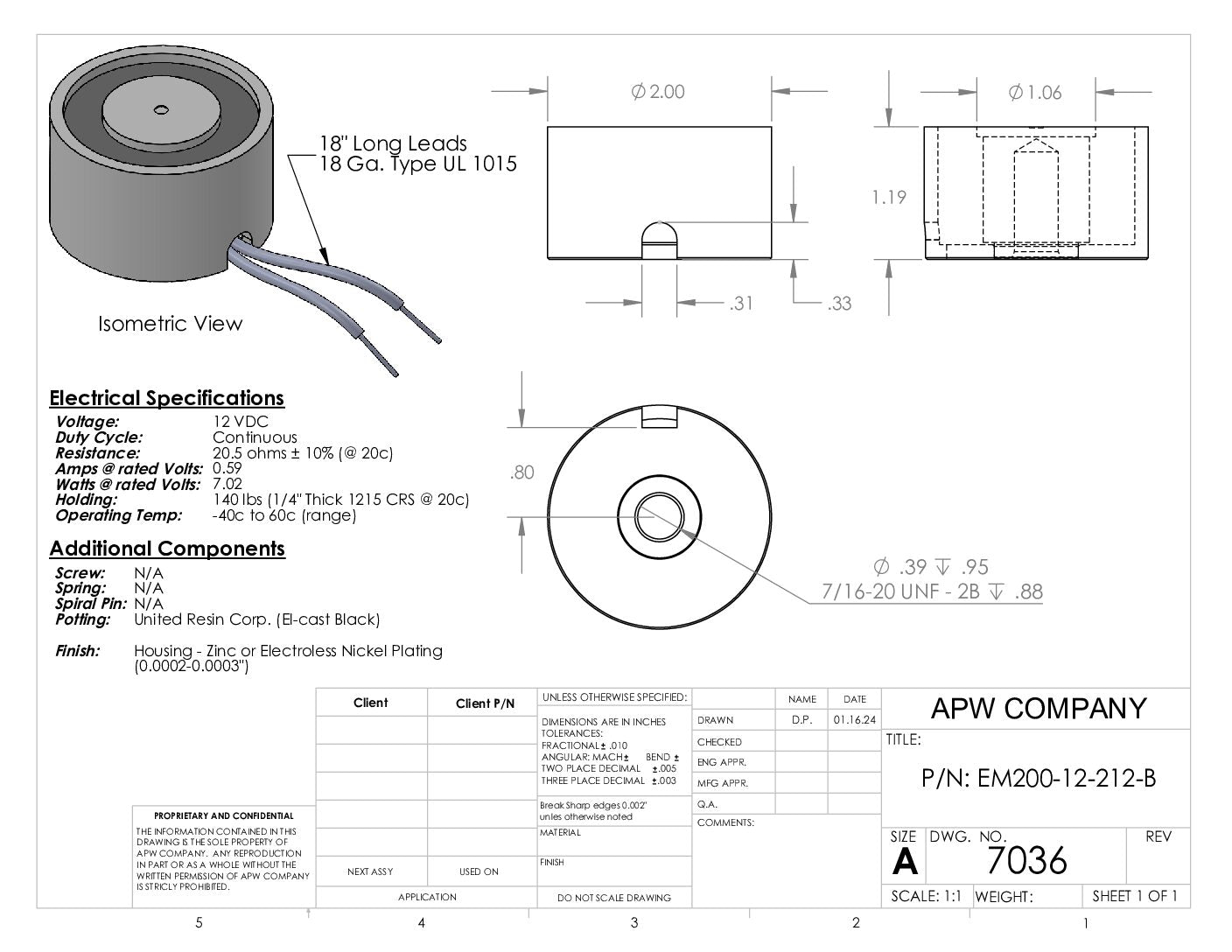 EM200-12-212-B - Round Electromagnet 2 inch Dia. 12 VDC - Holding 140 lbs. image 1