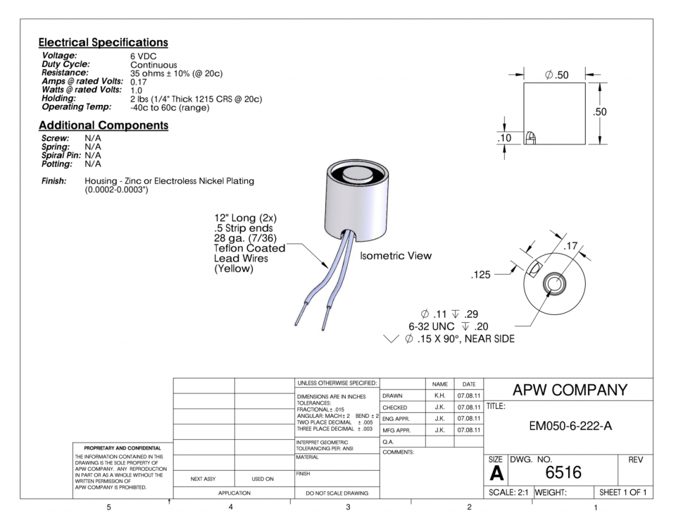EM050-6-222-A - Round Electromagnet 0.5 inch Dia. 6 volts DC - Holding 2 lbs. image 1