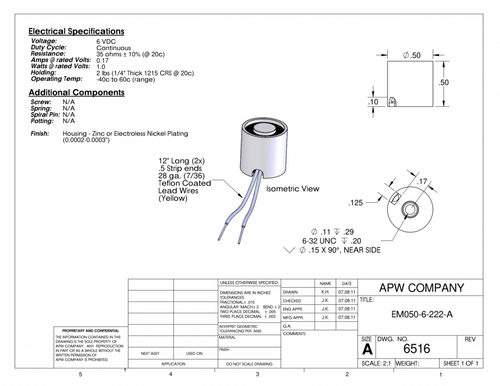 EM050-6-222-A - Round Electromagnet 0.5 inch Dia. 6 volts DC - Holding 2 lbs. image 1