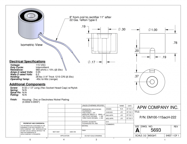 EM100-115acH-222 - Round Electromagnet 1 inch Dia. 115 volts AC - Holding 28 lbs. image 1
