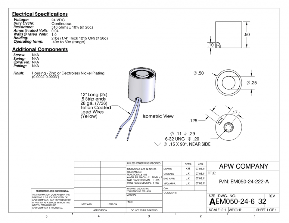 EM050-24-222-A - Round Electromagnet 0.5 inch Dia. 24 volts DC - Holding 2 lbs. image 1