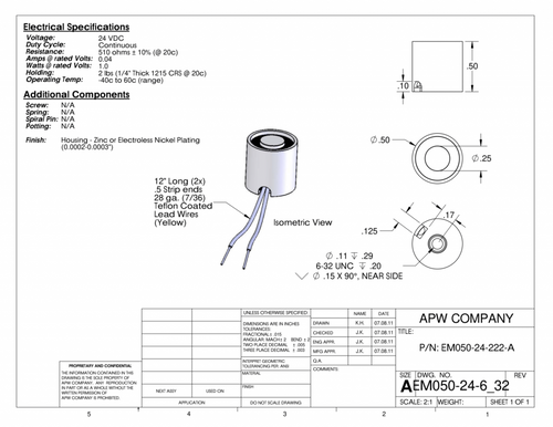 EM050-24-222-A - Round Electromagnet 0.5 inch Dia. 24 volts DC - Holding 2 lbs. image 1