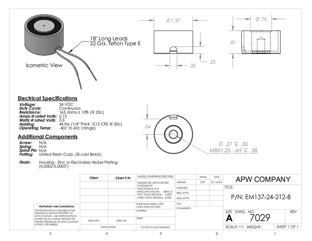 EM137-24-212-B - Round Electromagnet 1.375 inch Dia. 24 VDC - Holding 44 lbs. image 1
