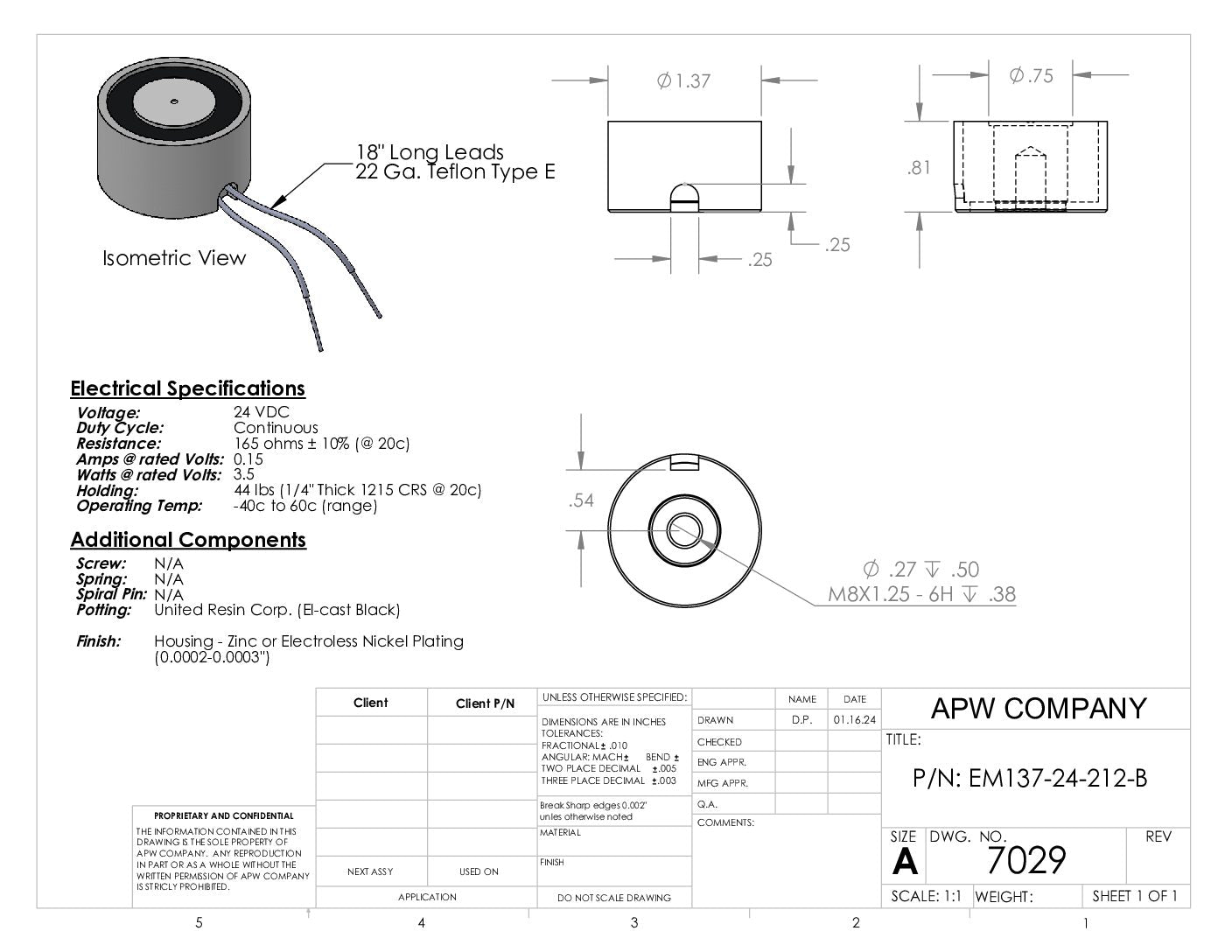 EM137-24-212-B - Round Electromagnet 1.375 inch Dia. 24 VDC - Holding 44 lbs. image 1