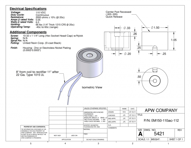 EM150-110ac-112 - Round Electromagnet 1.5 inch Dia. 110 volts AC - Holding 66 lbs. image 1