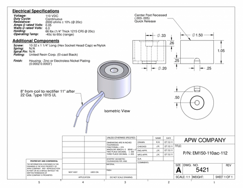 EM150-110ac-112 - Round Electromagnet 1.5 inch Dia. 110 volts AC - Holding 66 lbs. image 1