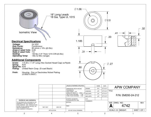 EM200-24-212 - Round Electromagnet 2 inch Dia. 24 volts DC - Holding 140 lbs. image 1
