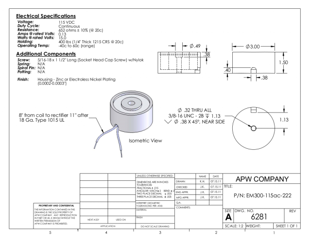 EM300-115AC-222 - Round Electromagnet 3 inch Dia. 115 volts AC - Holding 400 lbs. image 1