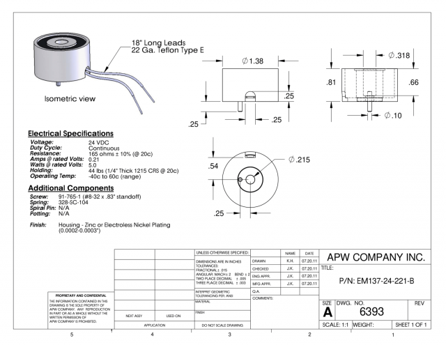 EM137-24-221-B - Round Electromagnet 1.375 inch Dia. 24 volts DC - Holding 44 lbs. image 1
