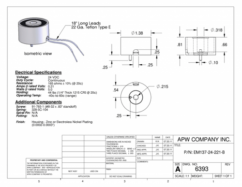 EM137-24-221-B - Round Electromagnet 1.375 inch Dia. 24 volts DC - Holding 44 lbs. image 1