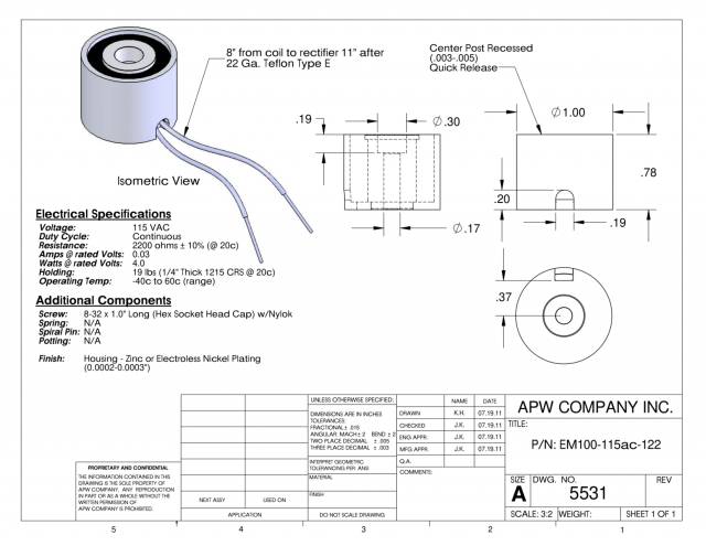 EM100-115ac-122 - Round Electromagnet 1 inch Dia. 115 volts AC - Holding 19 lbs. image 1