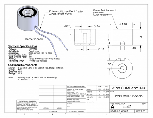 EM100-115ac-122 - Round Electromagnet 1 inch Dia. 115 volts AC - Holding 19 lbs. image 1