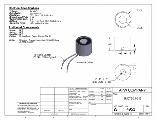 EM075-24-212 - Round Electromagnet 0.75 inch Dia. 24 volts DC - Holding 6 lbs. image 1