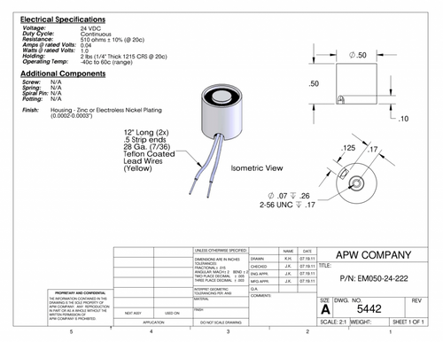 EM050-24-222 - Round Electromagnet 0.5 inch Dia. 24 volts DC - Holding 2 lbs. image 1