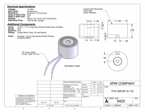 EM150-12-112 - Round Electromagnet 1.5 inch Dia. 24 volts DC - Holding 66 lbs. image 1