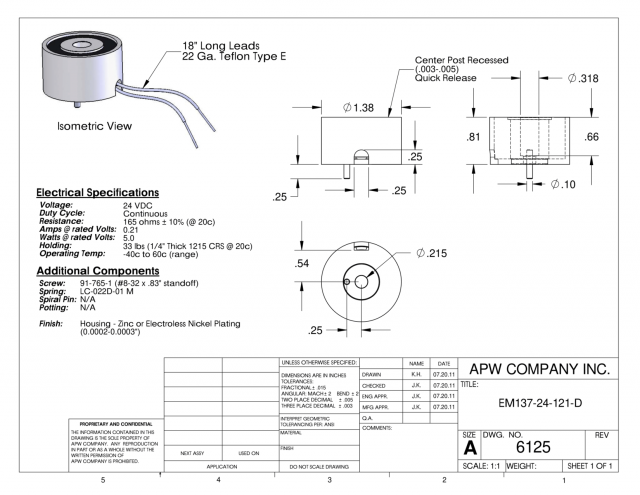 EM137-24-121-D - Round Electromagnet 1.375 inch Dia. 24 volts DC - Holding 33 lbs. image 1