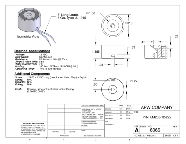 EM200-12-222 - Round Electromagnet 2 inch Dia. 12 volts DC - Holding 140 lbs. image 1