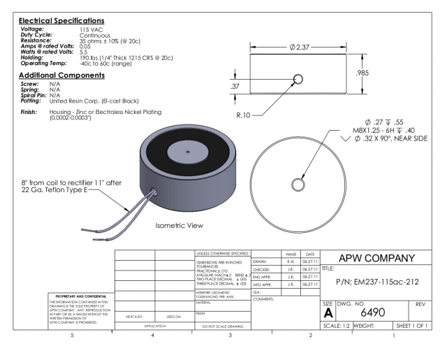 EM237-115ac-212 - Round Electromagnet 2.37 inch Dia. 115 volts AC - Holding 190 lbs. image 1