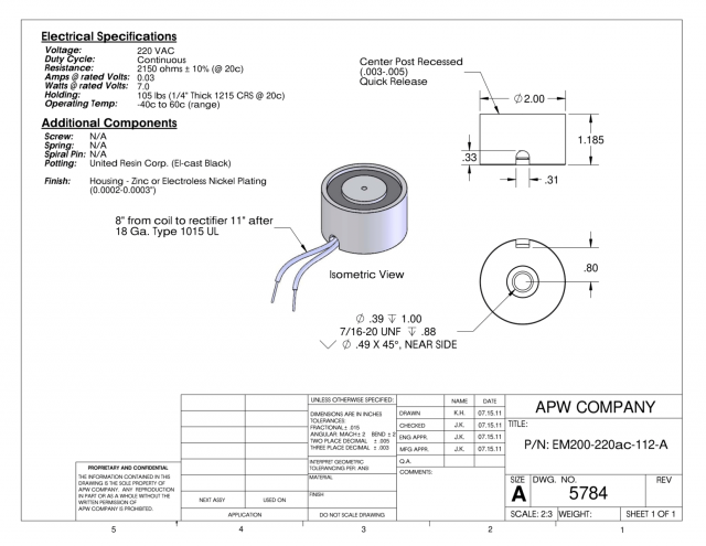 EM200-220ac-112-A - Round Electromagnet 2 inch Dia. 220 volts AC - Holding 105 lbs. image 1