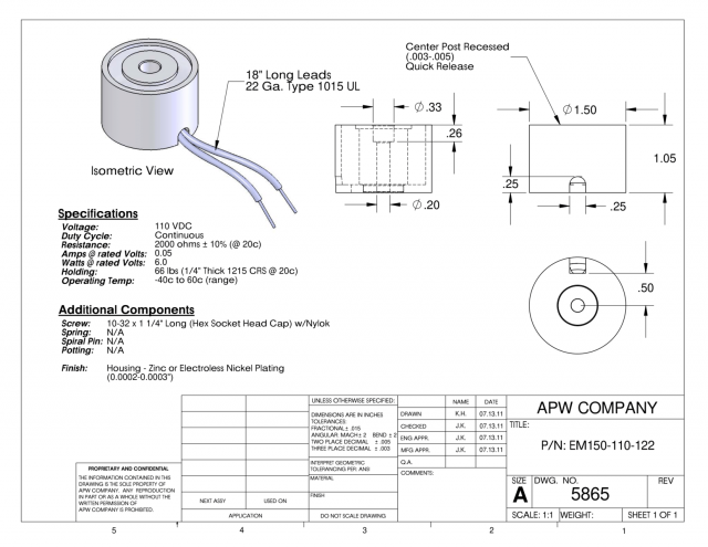 EM150-110-122 - Round Electromagnet 1.5 inch Dia. 110 volts DC - Holding 66 lbs. image 1