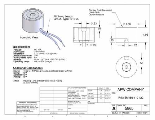 EM150-110-122 - Round Electromagnet 1.5 inch Dia. 110 volts DC - Holding 66 lbs. image 1
