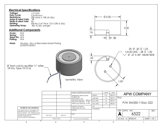 EM350-115ac-222 - Round Electromagnet 3.5 inch Dia. 115 volts AC - Holding 600 lbs. image 1