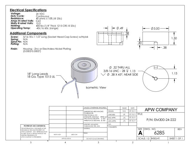 EM300-24-222 - Round Electromagnet 3 inch Dia. 24 volts DC - Holding 400 lbs. image 1