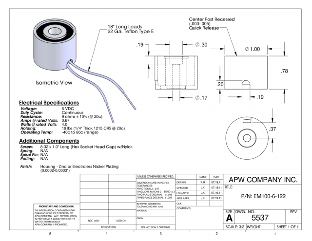 EM100-6-122 - Round Electromagnet 1 inch Dia. 6 volts DC - Holding 19 lbs. image 1