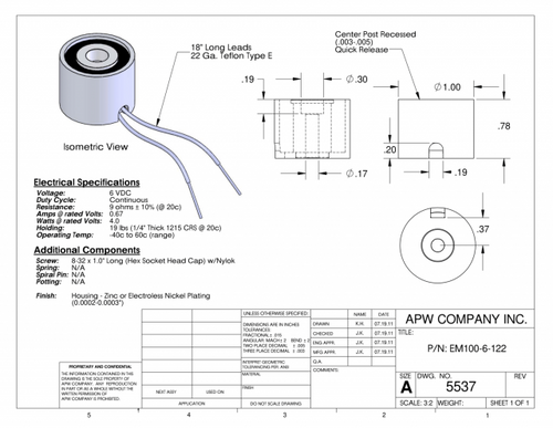 EM100-6-122 - Round Electromagnet 1 inch Dia. 6 volts DC - Holding 19 lbs. image 1