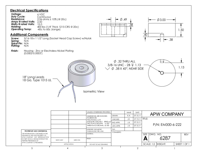 EM300-6-222 - Round Electromagnet 3 inch Dia. 6 volts DC - Holding 400 lbs. image 1