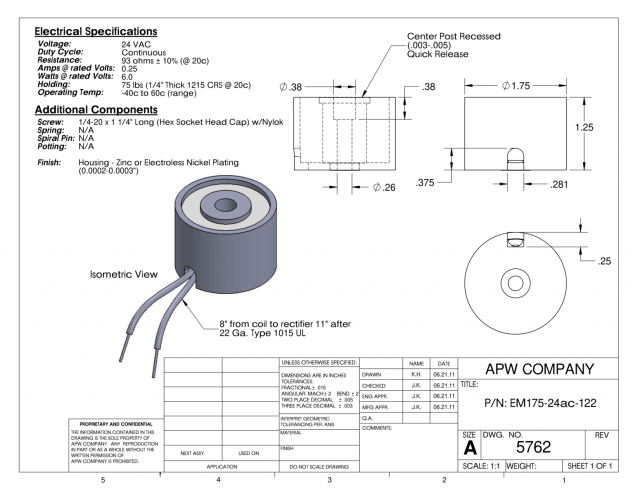 EM175-24ac-122 - Round Electromagnet 1.75 inch Dia. 24 volts AC - Holding 75 lbs. image 1