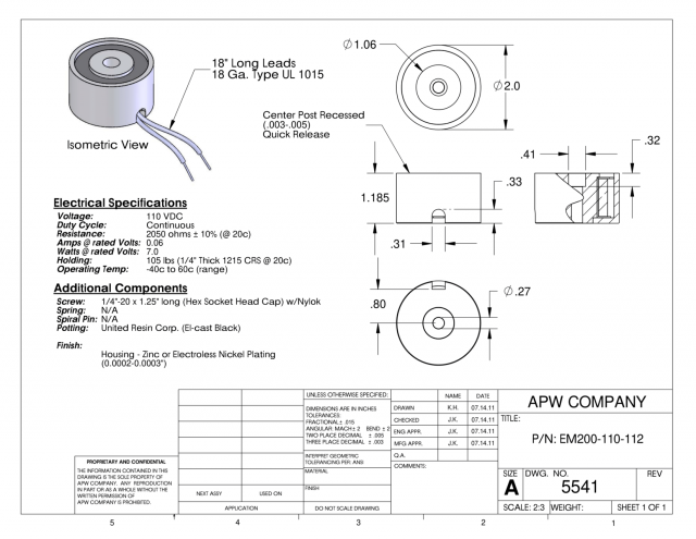 EM200-110-112 - Round Electromagnet 2 inch Dia. 110 volts DC - Holding 105 lbs. image 1