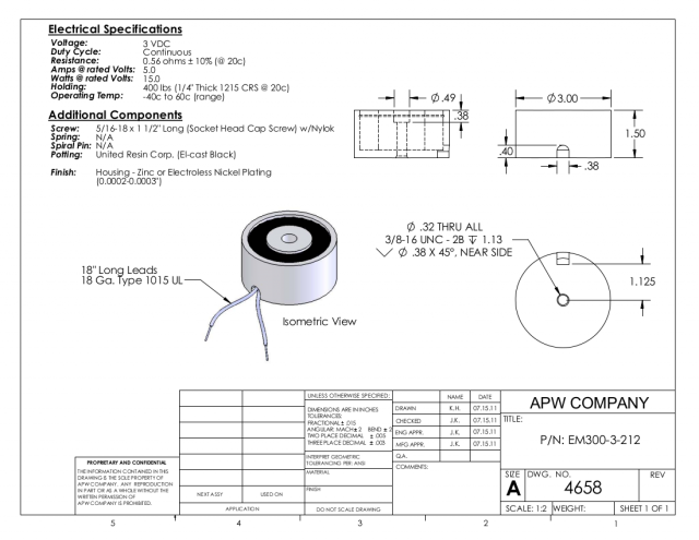 EM300-3-212 - Round Electromagnet 3 inch Dia. 3 volts DC - Holding 400 lbs. image 1