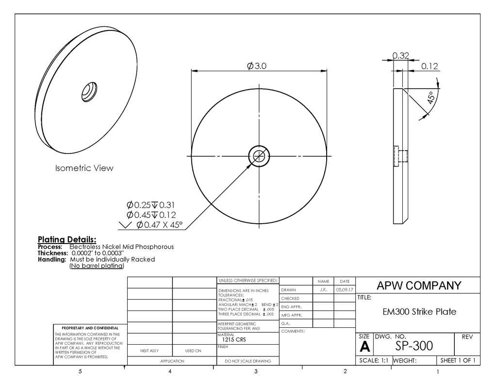 SP-300 Strike Plate or Keeper Plate 3.0" Dia. x 0.32" H for EM300 or EM237 Electromagnets