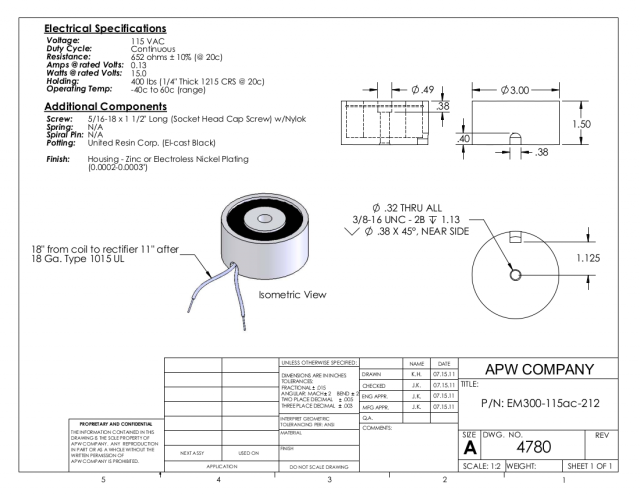 EM300-115ac-212 - Round Electromagnet 3 inch Dia. 115 volts AC - Holding 400 lbs. image 1