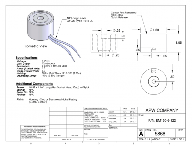 EM150-6-122 - Round Electromagnet 1.5 inch Dia. 6 volts DC - Holding 66 lbs. image 1