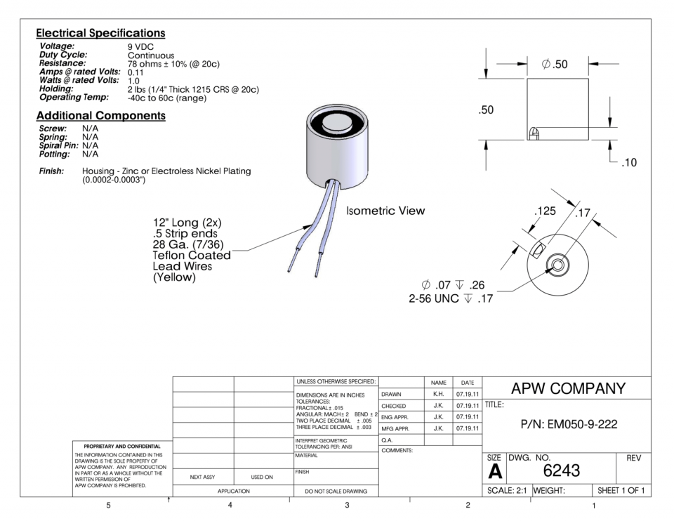 EM050-9-222 - Round Electromagnet 0.5 inch Dia. 9 volts DC - Holding 2 lbs. image 1