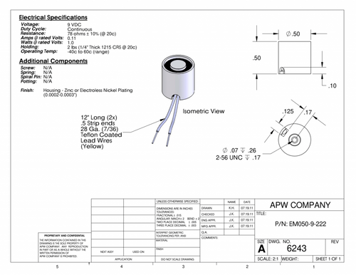 EM050-9-222 - Round Electromagnet 0.5 inch Dia. 9 volts DC - Holding 2 lbs. image 1