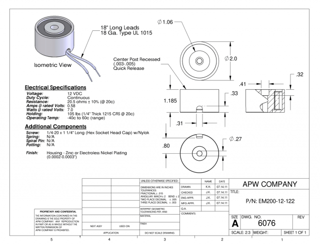 EM200-12-122 - Round Electromagnet 2 inch Dia. 12 volts DC - Holding 105 lbs. image 1