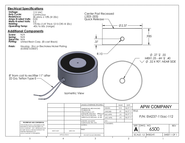 EM237-115ac-112 - Round Electromagnet 2.37 inch Dia. 115 volts AC - Holding 170 lbs. image 1
