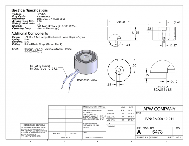 EM200-12-211 - Round Electromagnet 2 inch Dia. 12 volts DC - Holding 140 lbs. image 1