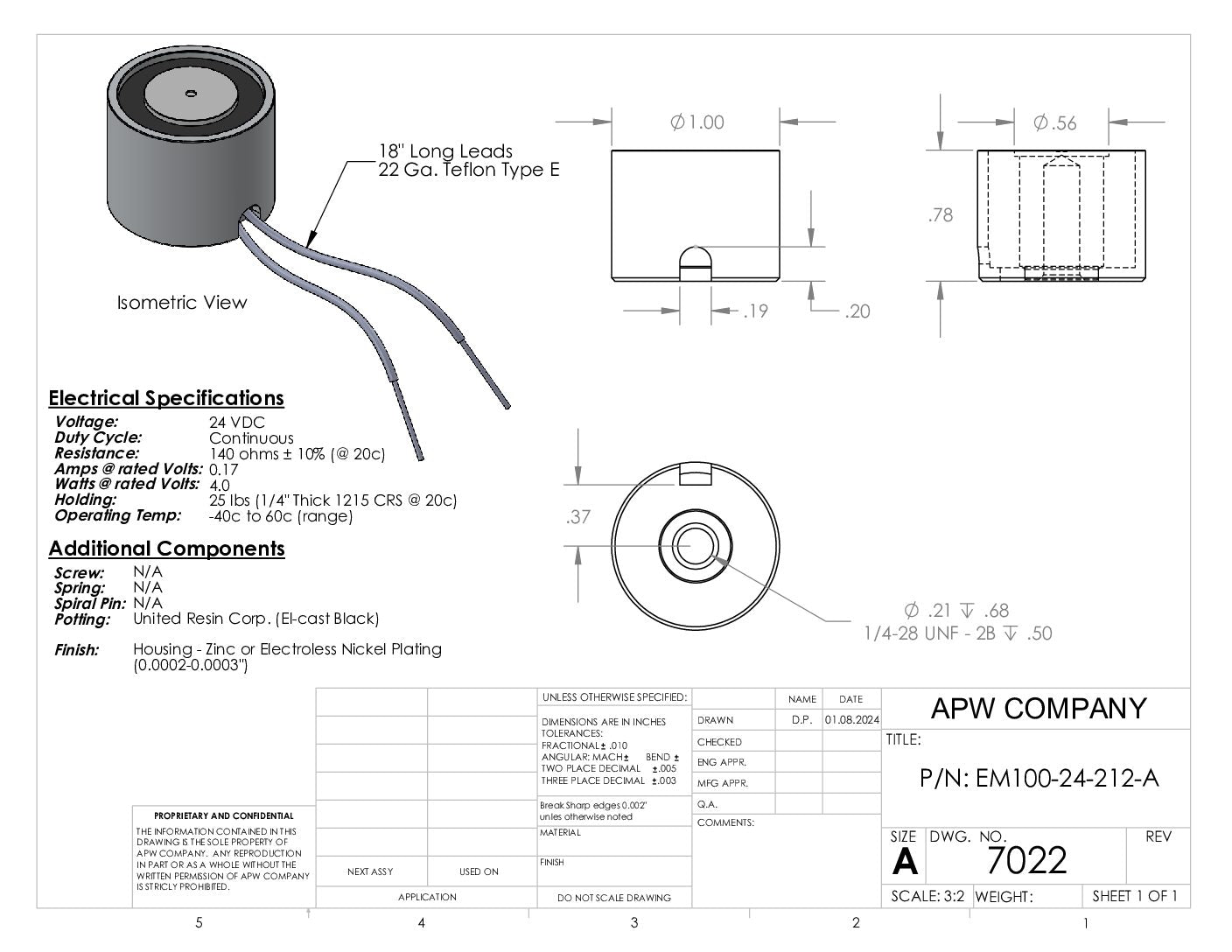 EM100-24-212-A - Round Electromagnet 1 inch Dia. 24 VDC - Holding 25 lbs. image 1