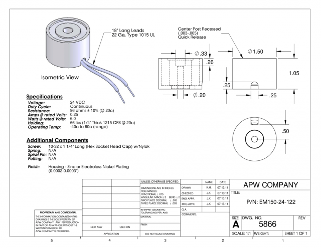 EM150-24-122 - Round Electromagnet 1.5 inch Dia. 24 volts DC - Holding 66 lbs. image 1