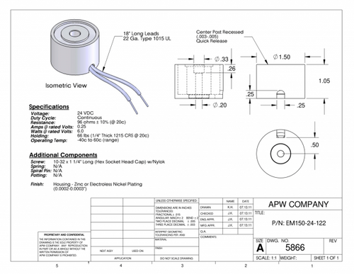 EM150-24-122 - Round Electromagnet 1.5 inch Dia. 24 volts DC - Holding 66 lbs. image 1