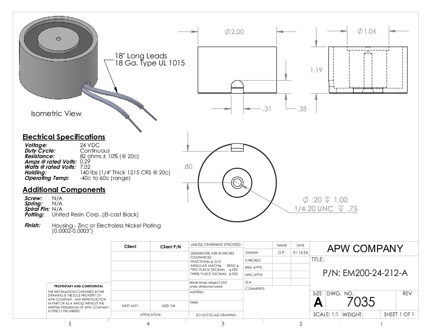 EM200-24-212-A - Round Electromagnet 2 inch Dia. 24 VDC - Holding 140 lbs. image 1