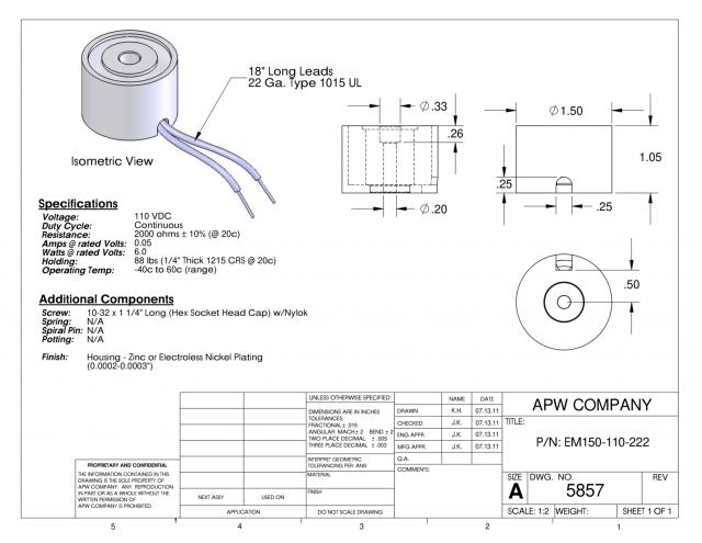 EM150-110-222 - Round Electromagnet 1.5 inch Dia. 110 volts DC - Holding 88 lbs. image 1