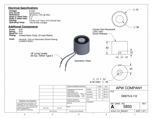 EM075-6-112 - Round Electromagnet 0.75 inch Dia. 6 volts DC - Holding 4.5 lbs. image 1