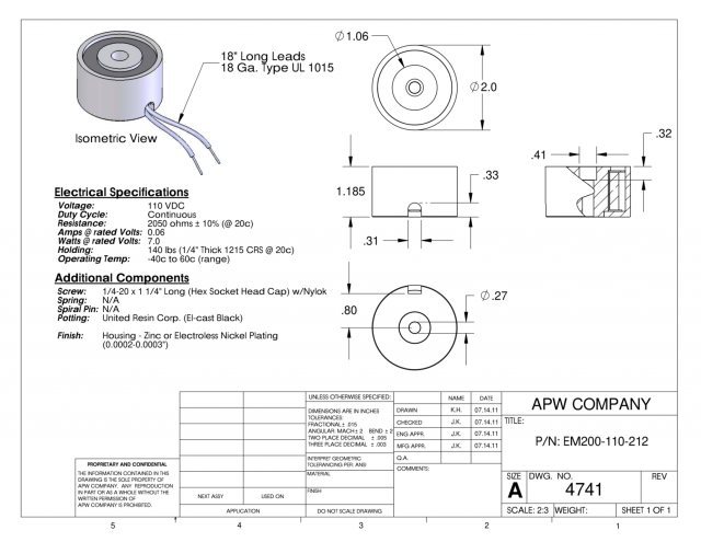 EM200-110-212 - Round Electromagnet 2 inch Dia. 110 volts DC - Holding 140 lbs. image 1