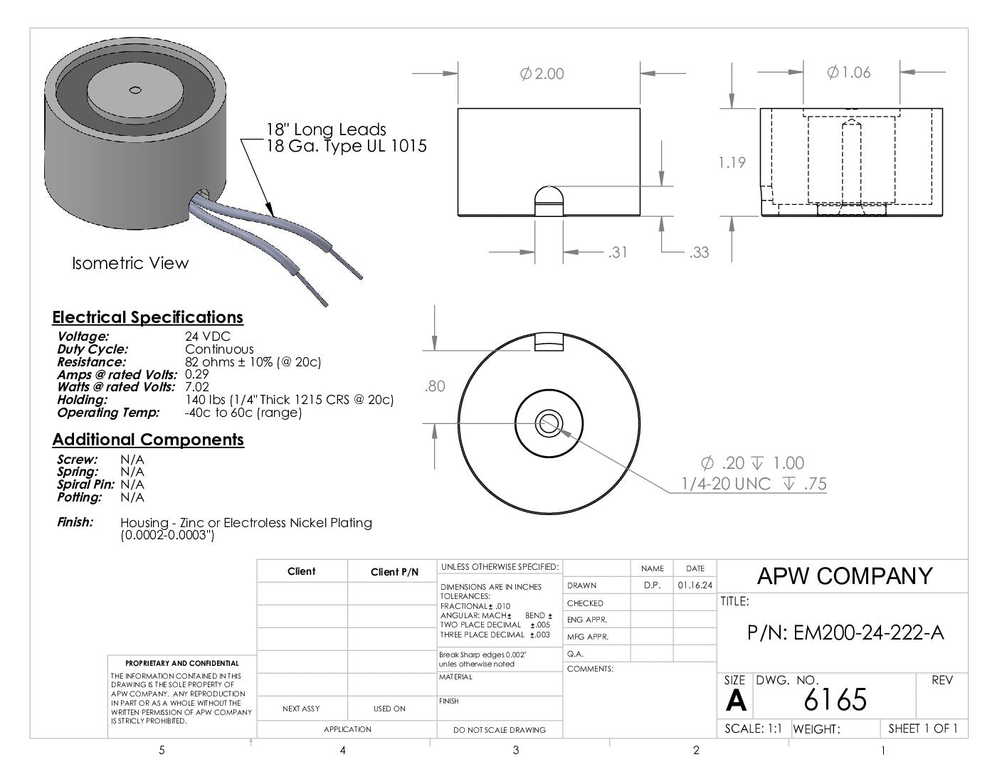 EM200-24-222-A - Round Electromagnet 2 inch Dia. 24 VDC - Holding 140 lbs. image 1